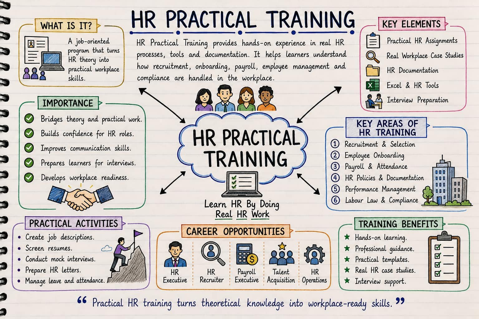 Illustrated overview of HR practical training, activities, key areas and training benefits.