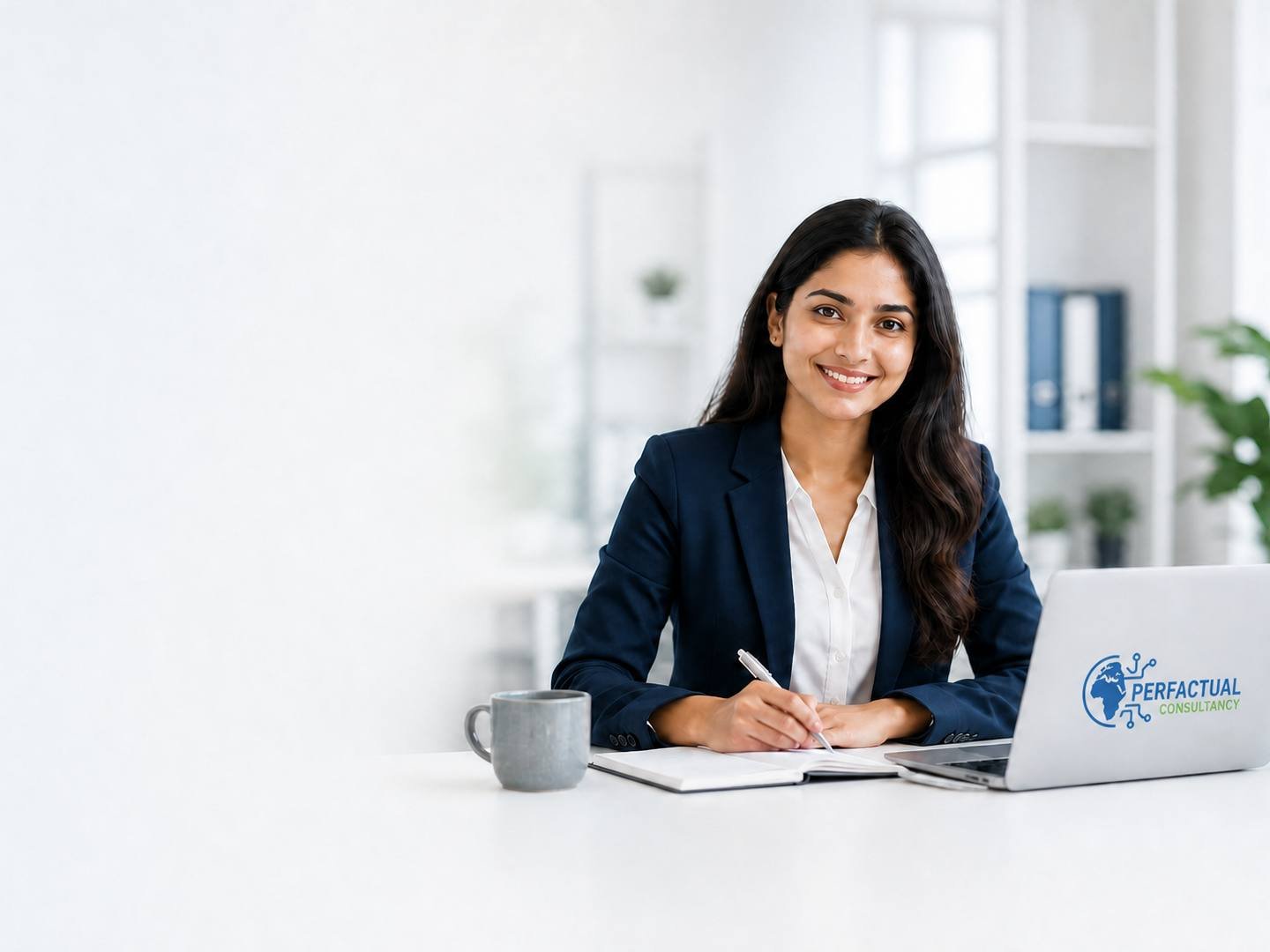 Professional woman reviewing business documents in a modern office.
