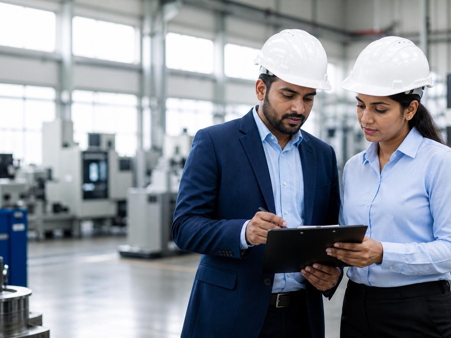 Manufacturing professionals reviewing operational documents inside a factory.