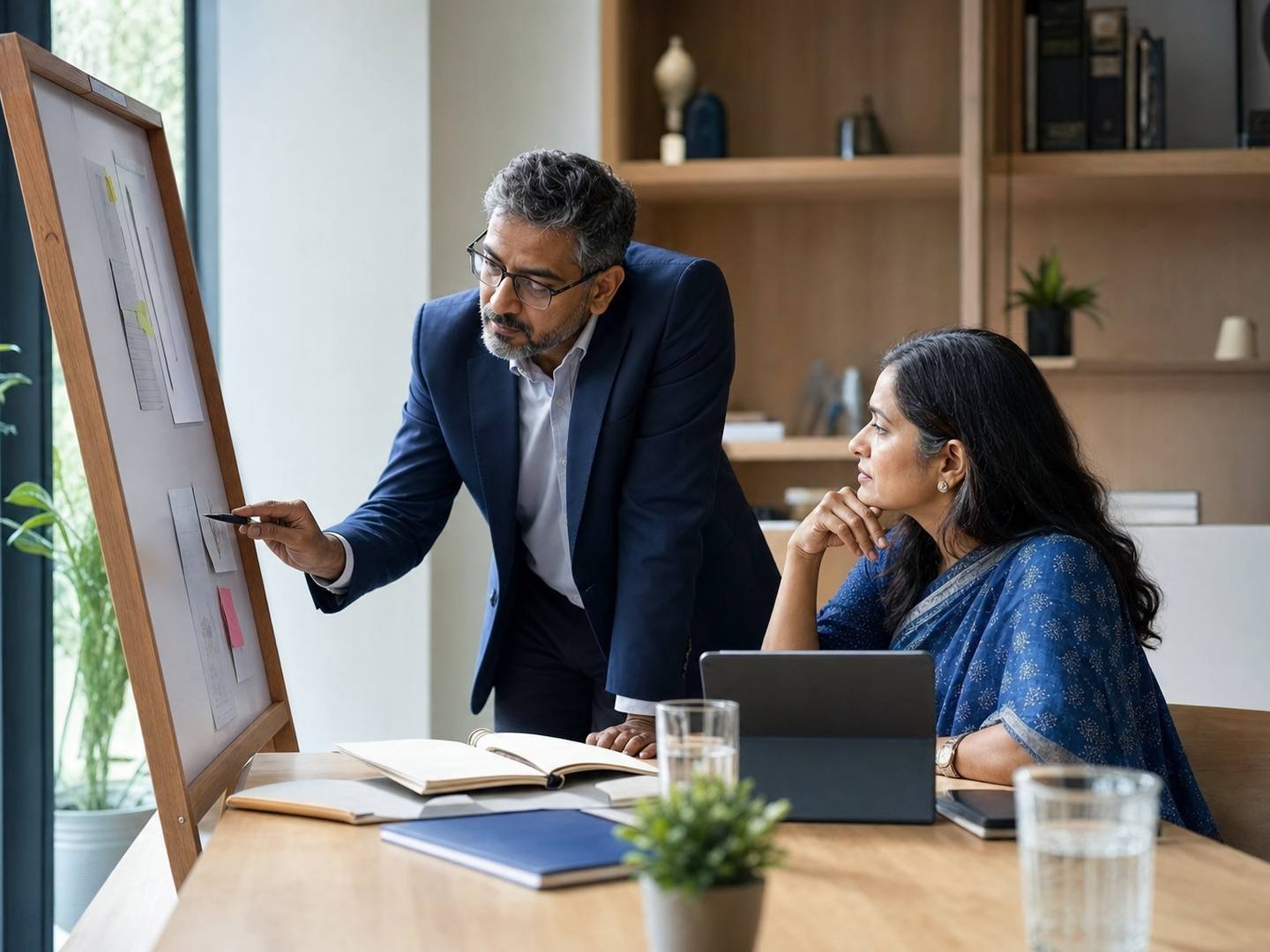 Indian business professionals discussing an organisation plan at a board.