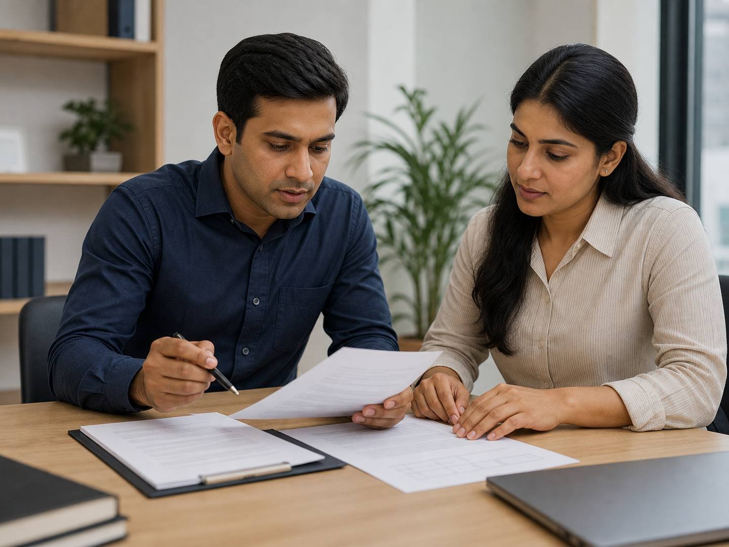 Indian business professionals carefully reviewing administrative documents.