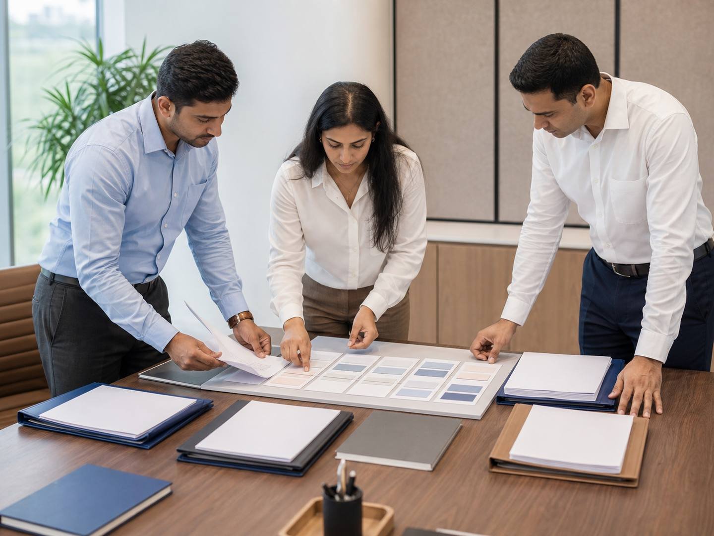 Indian business professionals organising service documents around a planning table.